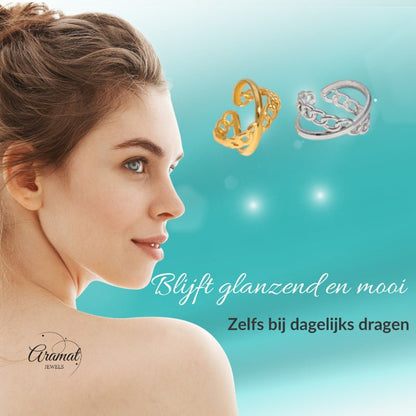 Open Ring Gekruist Motief: Glad en Schakel (RVS Verstelbaar) - Aramat Jewels - Ringen - cadeautip