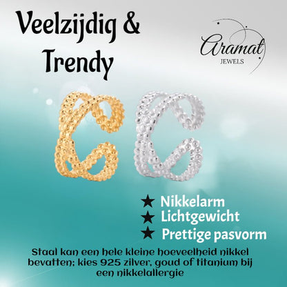 Open Ring Gekruiste Lijn met Bolletjes Reliëf (Verstelbaar RVS) - Aramat Jewels - Ringen - cadeautip