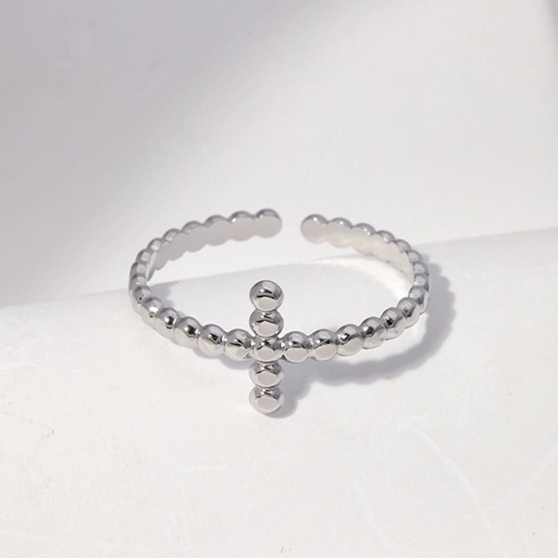 Open Ring RVS met Bolletjesmotief en Kruisje (10 mm) - Aramat Jewels - Ringen - cadeautip