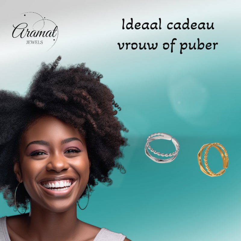Open Ring RVS met Dot en Gehamerde Lijn (7 mm) - Aramat Jewels - Ringen - cadeautip