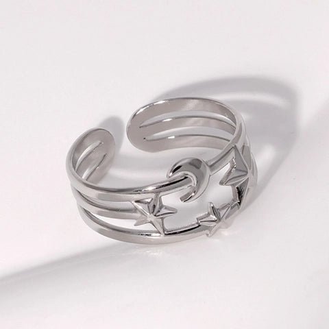 Open Ring RVS met Drie Sterren en Maan (9 mm) - Aramat Jewels - Ringen - cadeautip