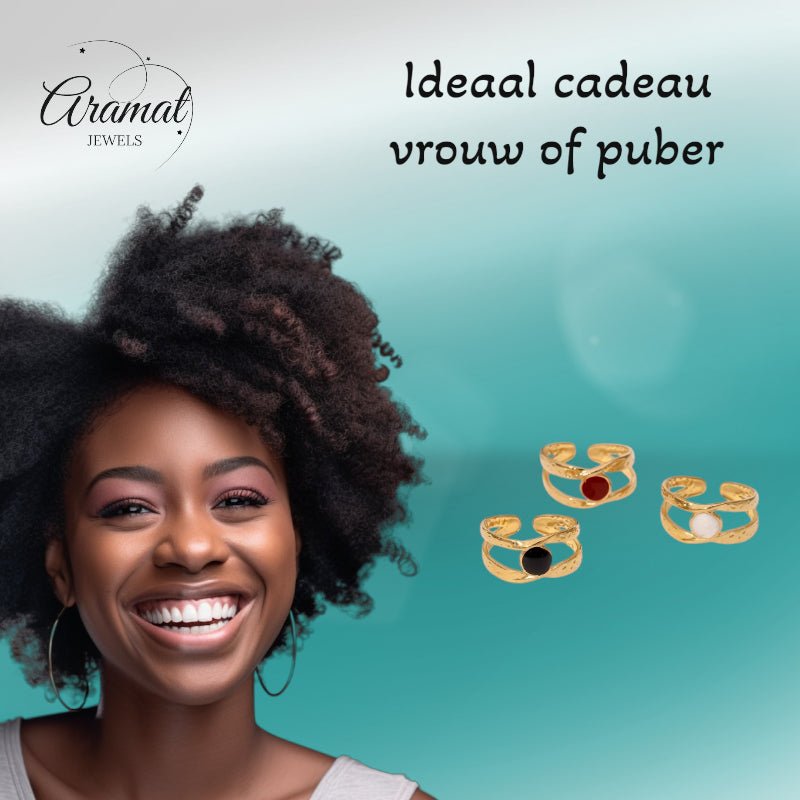 Open Ring RVS met Gehamerd Motief en Emaille Cirkel (9,5 mm) - Aramat Jewels - Ringen - cadeautip