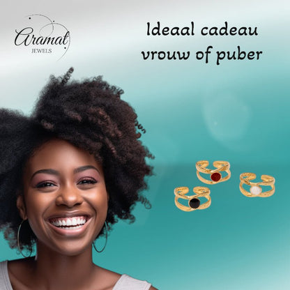 Open Ring RVS met Gehamerd Motief en Emaille Cirkel (9,5 mm) - Aramat Jewels - Ringen - cadeautip