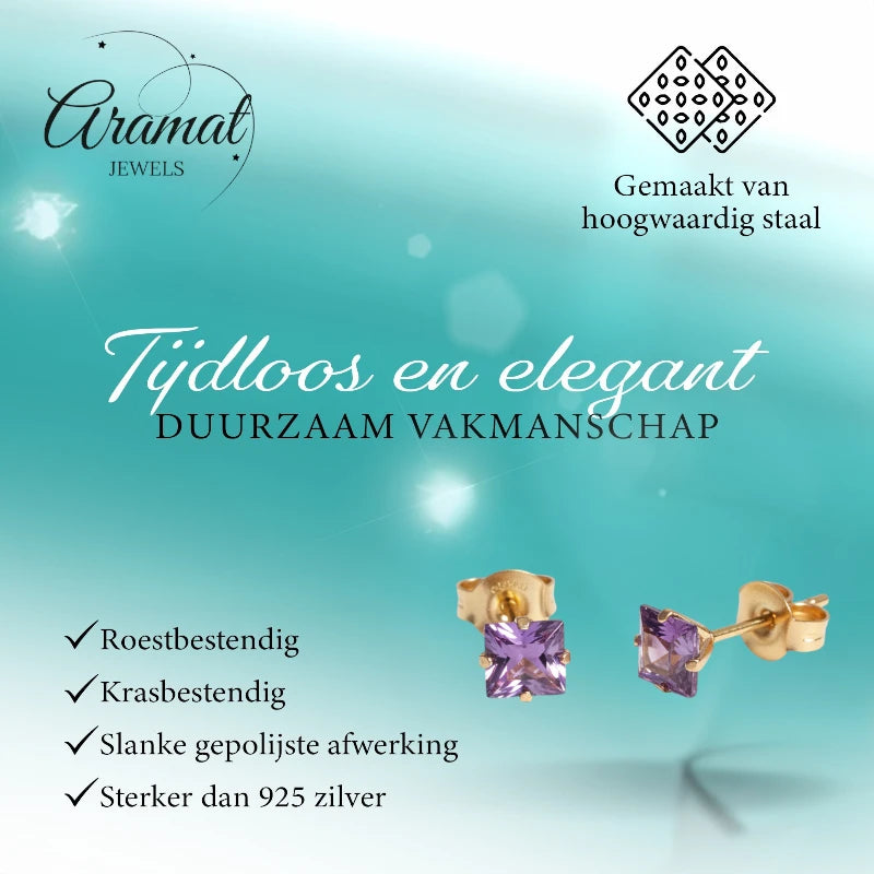 Oorbellen – RVS Goudkleur met Paarse Vierkante Zirkonia (5mm)