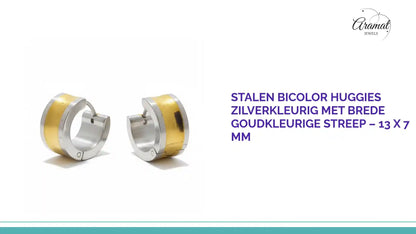 Stalen Bicolor Huggies Zilverkleurig met Brede Goudkleurige Streep &ndash; 13 x 7 mm by@Outfy
