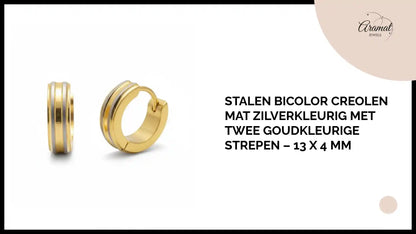 Stalen Bicolor Creolen Mat Zilverkleurig met Twee Goudkleurige Strepen &ndash; 13 x 4 mm by@Outfy