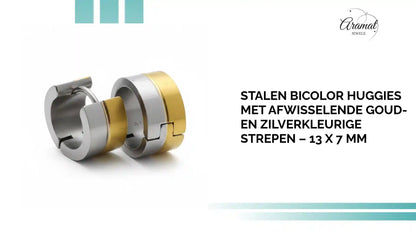 Stalen Bicolor Huggies met Afwisselende Goud- en Zilverkleurige Strepen &ndash; 13 x 7 mm by@Outfy