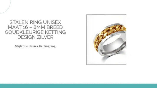 Stalen Ring Unisex Maat 16 &ndash; 8mm Breed Goudkleurige Ketting Design Zilver by@Outfy