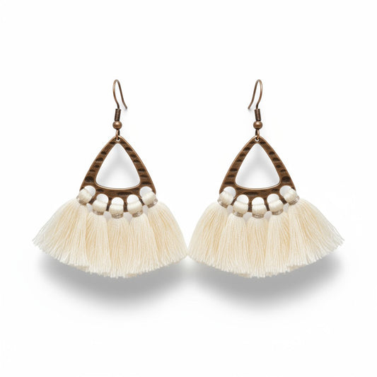 Boho oorhangers met creme kwastjes en bronskleur, 55x30mm, lichtgewicht festival oorbellen voor dames
