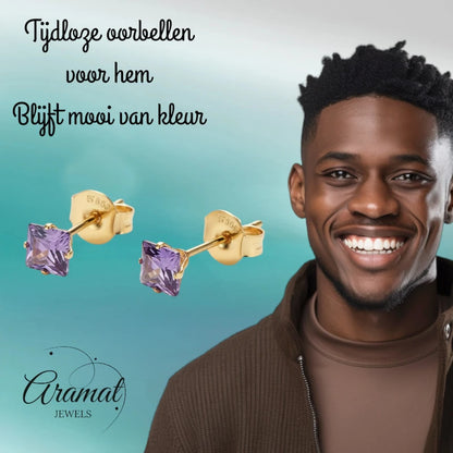 Oorbellen – RVS Goudkleur met Paarse Vierkante Zirkonia (4mm)