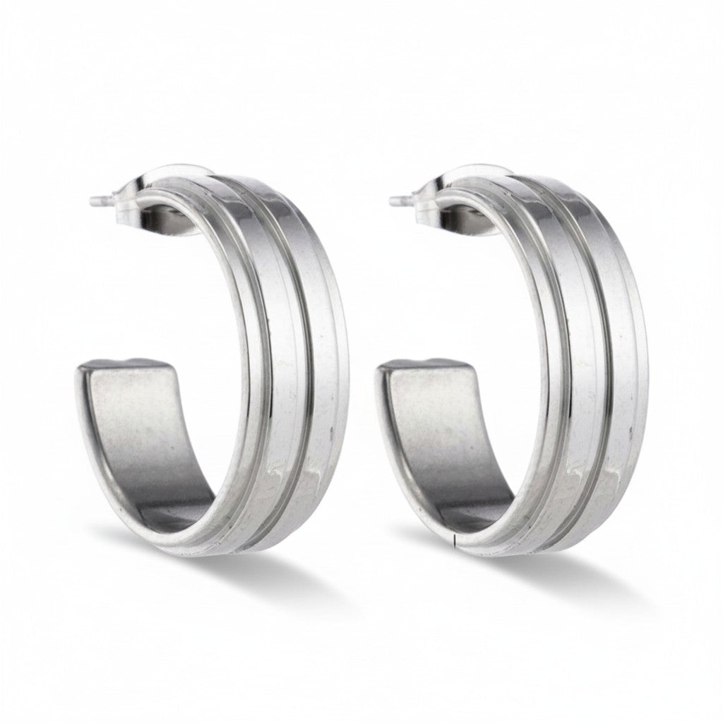 Oorbellen – 23mm Half-Hoop 2 Strepen RVS Zilverkleur Dames