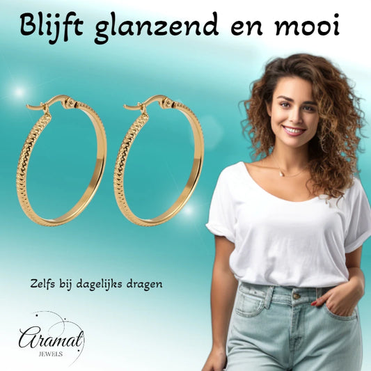 Oorringen – 25mm Creool Puntjes Patroon RVS Goudkleur Dames