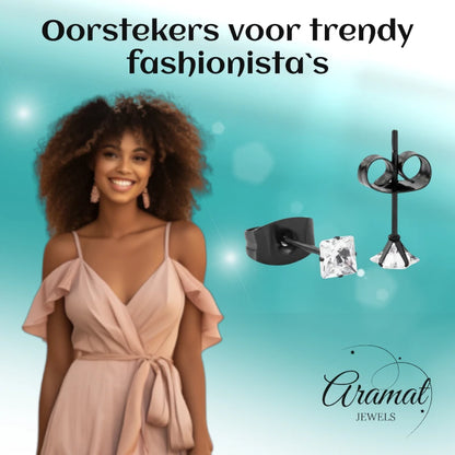 Oorbellen – RVS Zwartkleur met Vierkante Zirkonia (3mm)