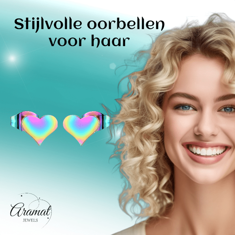Regenboog hartjes oorstekers – 9x8mm vrolijk RVS - Aramat Jewels - Oorbellen - cadeautip