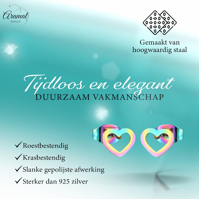 Regenboog hartjes oorstekers RVS – 8x7mm uniek - Aramat Jewels - Oorbellen - cadeautip