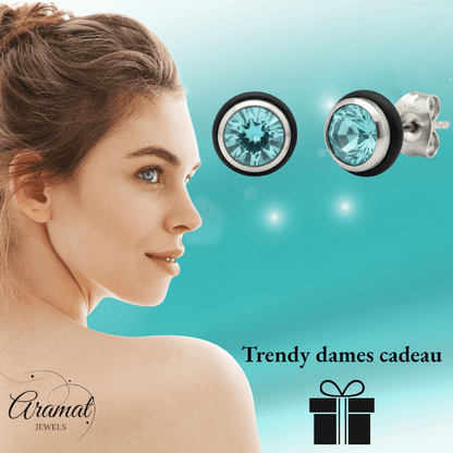 Ronde Stalen Oorbellen met Lichtblauwe Zirkonia - Aramat Jewels - Oorbellen - cadeautip