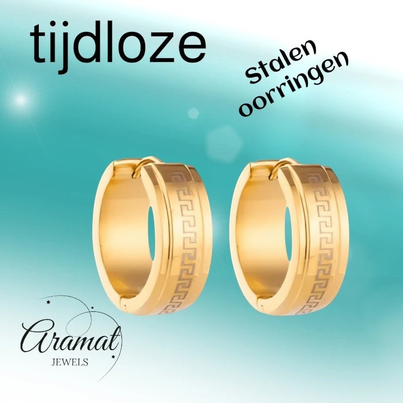 RVS Creolen Goudkleur Grieks Motief/Versace (13 & 20mm) - Aramat Jewels - Oorringen - cadeautip