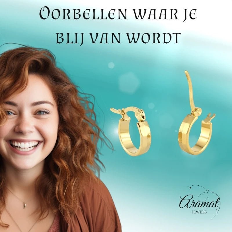 RVS Goudkleurige Oorringetjes 10mm - Blokjesmotief - oor2001 - Oorringen kopen