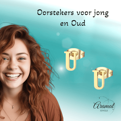 RVS Letter U Oorbellen Goudkleurig – Initiaal - Aramat Jewels - Oorbellen - cadeautip