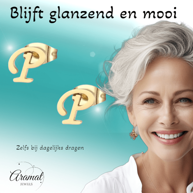 RVS Oorbellen Letter P – Goudkleurig – 10 mm - Aramat Jewels - Oorbellen - cadeautip