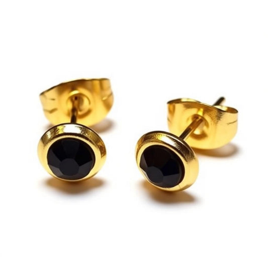 RVS Oorbellen Zwarte Kristal Goudkleur Rond 6mm - Elegante Oorstekers - Aramat Jewels - Oorbellen - cadeautip