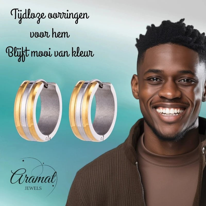 RVS Oorringen Bicolor Streep Goud Zilver 20mm - Dames - Aramat Jewels - Oorringen - cadeautip
