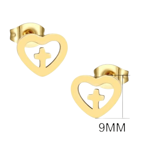 Stalen Hartjes Oorbellen met kruisje – Goudkleur – 9mm - Aramat Jewels - Oorbellen - cadeautip