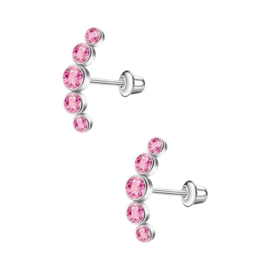Stalen Kinder Oorbellen - Bar met 5 Roze Zirkonia Steentjes - Schroefsluiting - 14x5mm - oor6266 - 72433 - Oorbellen kopen# - 14mm - alles