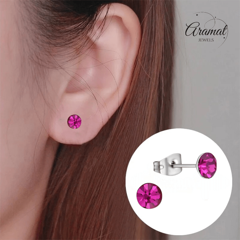 Stalen Kristal Oorbellen met fuchsiaroze steentje – Zilverkleur – 5mm - Aramat Jewels - Oorbellen - cadeautip