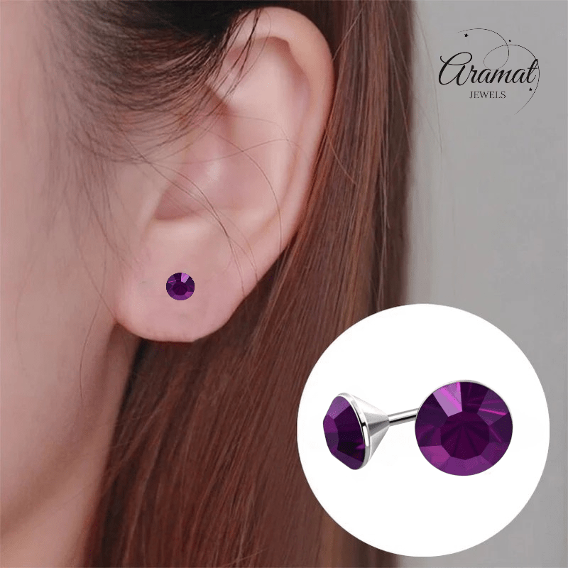 Stalen Kristal Oorbellen met paarse steentjes – Zilverkleur – 4mm - Aramat Jewels - Oorbellen - cadeautip