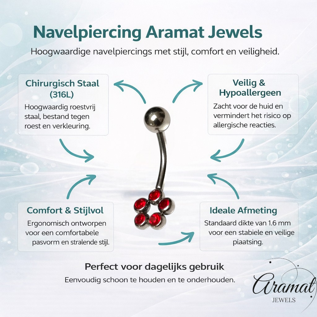 Piercing nombril en acier avec points de zircon rouge