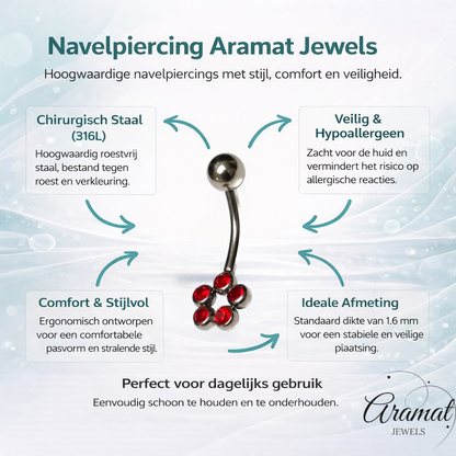 Piercing nombril en acier avec points de zircon rouge