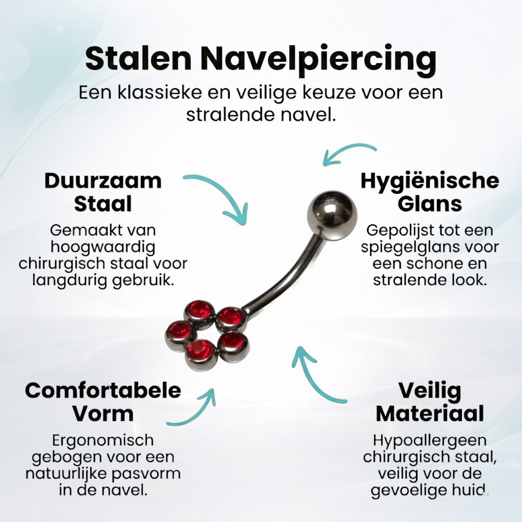 Piercing nombril en acier avec points de zircon rouge