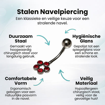 Piercing nombril en acier avec points de zircon rouge