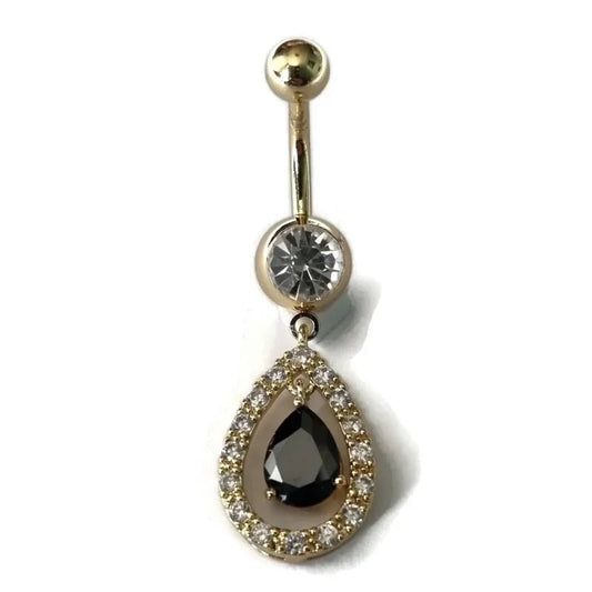 Een close-up van een zwart-witte diamanten buikring