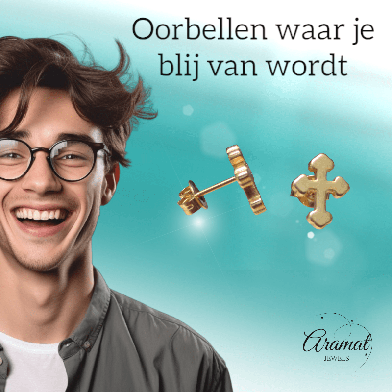 Stalen Oorbellen kruisje – Goudkleur – 11x9mm - Aramat Jewels - Oorbellen - cadeautip