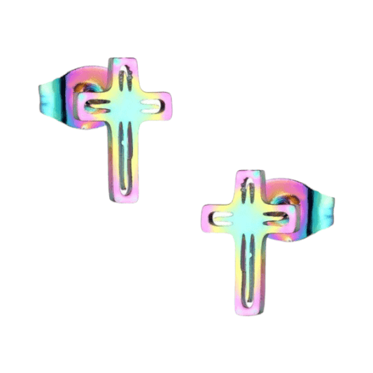 Stalen Oorbellen kruisje – Multikleur – 10x7mm - Aramat Jewels - Oorbellen - cadeautip