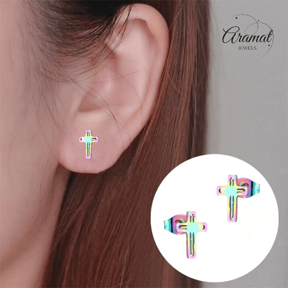 Stalen Oorbellen kruisje – Multikleur – 10x7mm - Aramat Jewels - Oorbellen - cadeautip