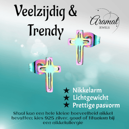 Stalen Oorbellen kruisje – Multikleur – 10x7mm - Aramat Jewels - Oorbellen - cadeautip