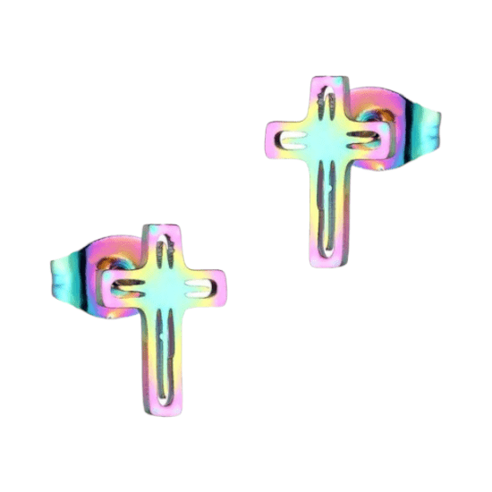 Stalen Oorbellen kruisje – Multikleur – 10x7mm - Aramat Jewels - Oorbellen - cadeautip