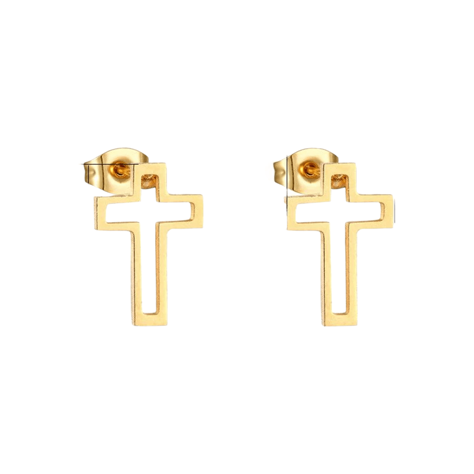 Stalen Oorbellen met opengewerkt kruisje – Goudkleur – 10x7mm - Aramat Jewels - Oorbellen - cadeautip