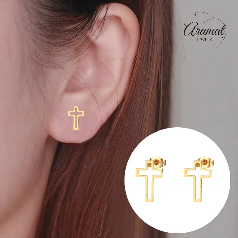 Stalen Oorbellen met opengewerkt kruisje – Goudkleur – 10x7mm - Aramat Jewels - Oorbellen - cadeautip