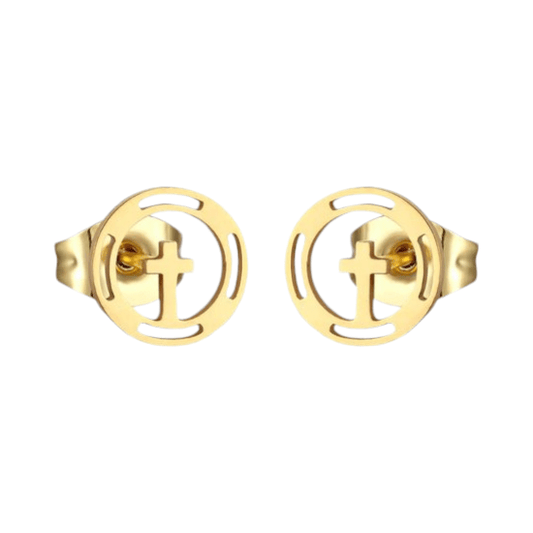 Stalen Ronde Kruis Oorbellen Goudkleur – 10mm - Aramat Jewels - Oorbellen - cadeautip