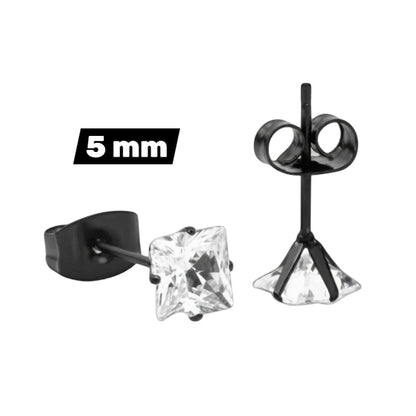 Oorbellen – RVS Zwartkleur met Vierkante Zirkonia (5mm)