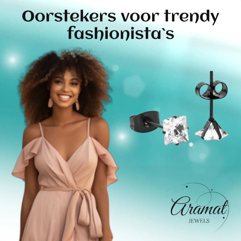 Oorbellen – RVS Zwartkleur met Vierkante Zirkonia (5mm)