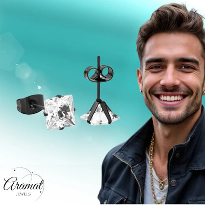 Oorbellen – RVS Zwartkleur met Vierkante Zirkonia (7mm)