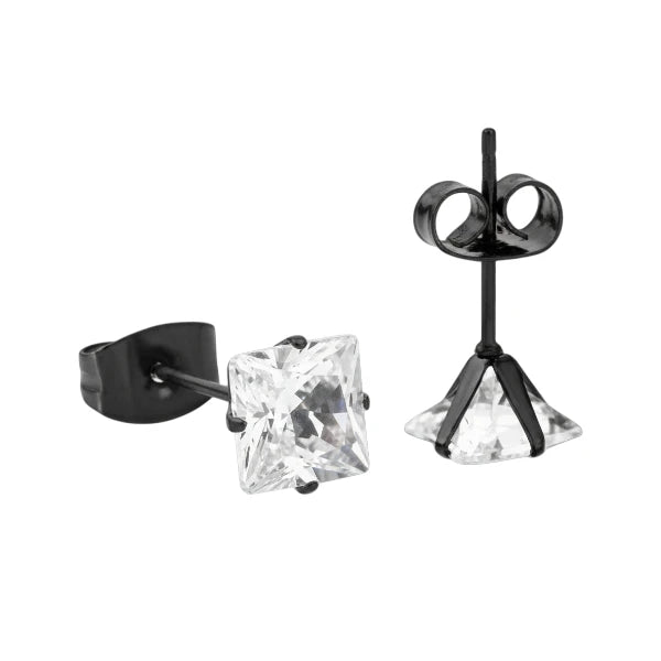 Oorbellen – RVS Zwartkleur met Vierkante Zirkonia (6mm)