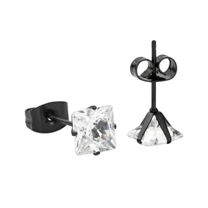 Oorbellen – RVS Zwartkleur met Vierkante Zirkonia (6mm)