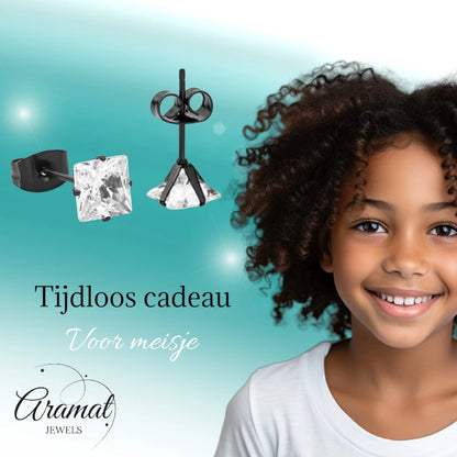 Oorbellen – RVS Zwartkleur met Vierkante Zirkonia (6mm)