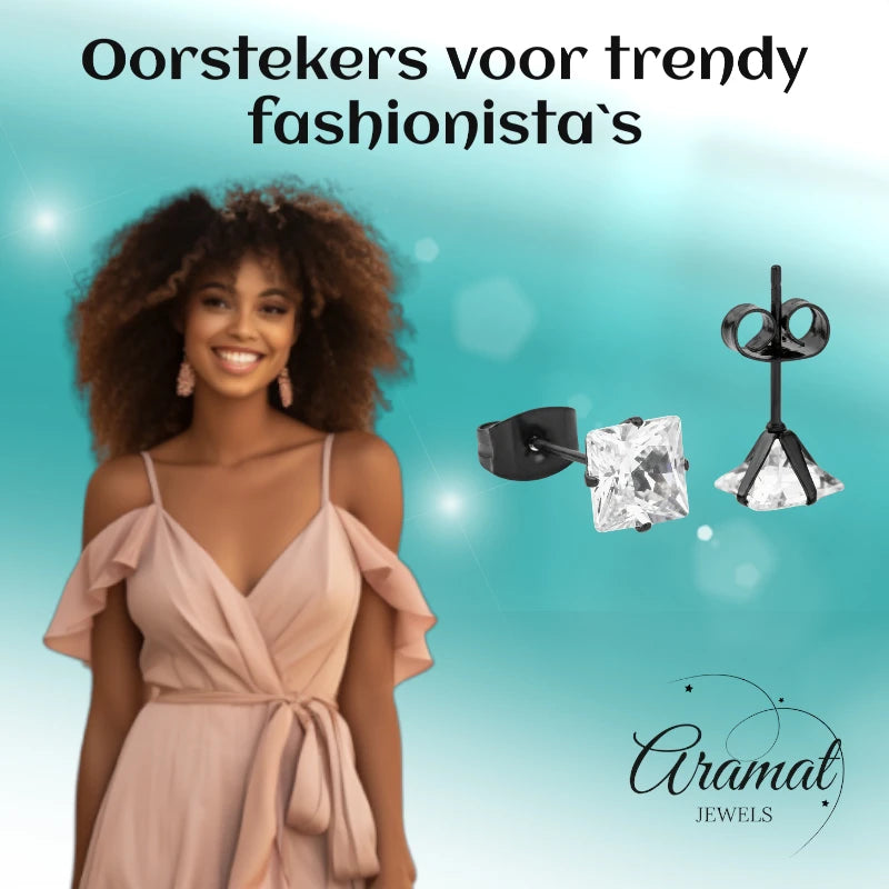 Oorbellen – RVS Zwartkleur met Vierkante Zirkonia (6mm)